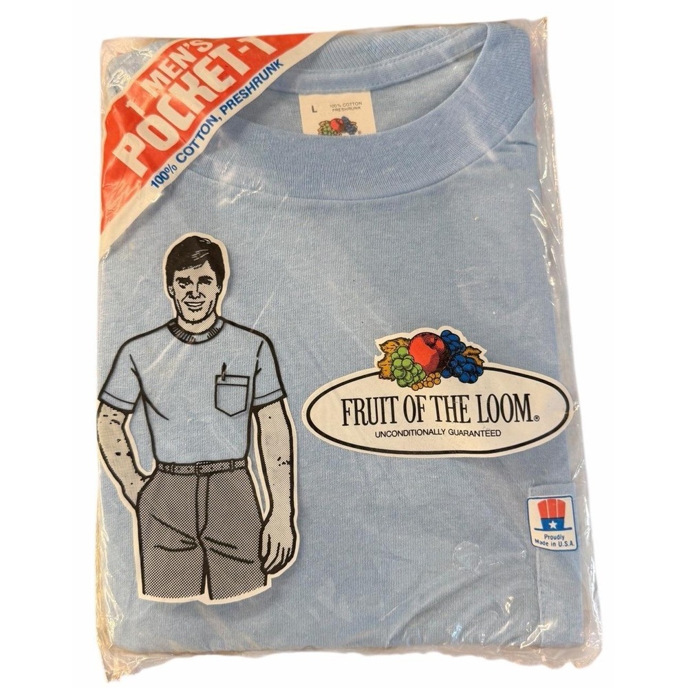 Vintage Fruit of the Loom Pocket T Shirt Mens Size L Light Blue 80s USA Cotton